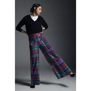 Maeve Anthropologie Plaid Palazzo Pants Size 4 Multicolor Linen Blend Wide Leg